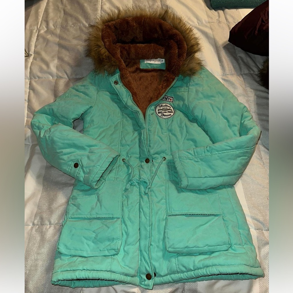 Teal Winter Coat with Faux Fur Hood